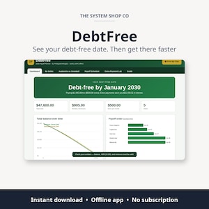 Op de afbeelding: Een digitale interface voor schuldbeheer genaamd DebtFree van The System Shop Co. Het dashboard toont een schuldvrije datum in januari 2030, een totale schuld van $47.600,00 en een grafiek met de aflosvolgorde in groene balken.