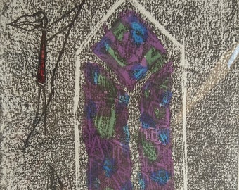 Purple, Green and Blue, Unique state lino print, linocut, architecture, drawing illustration, ink, brush, stain glass window, handmade