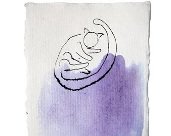 Purple cat 1, pen and ink drawing, handmade japanese paper, animal illustration, line pets portrait minimalist  abstract surealism sleeping