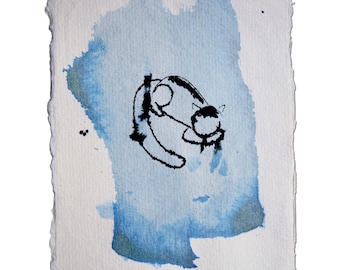 Blue cat 1, pen and ink drawing, handmade japanese paper, animal illustration, line pets portrait minimalist art abstract surealism sleeping