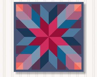 May include: A geometric star quilt block design in shades of red, blue, and purple. The star is centered on a square, with a dark blue background. The quilt block is displayed against a white, vertical-slat background.
