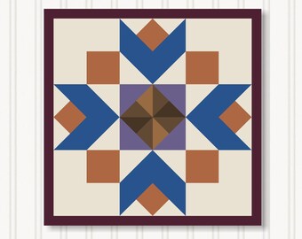 May include: Square artwork featuring a geometric design with a cream background and a dark burgundy border. The design includes blue, brown, and purple shapes arranged in a symmetrical pattern. The artwork is displayed against a white, vertical-slat background.