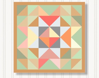 May include: A geometric quilt design featuring a starburst pattern in shades of peach, coral, yellow, gray, and green. The design is framed by a light brown border and set against a white background.