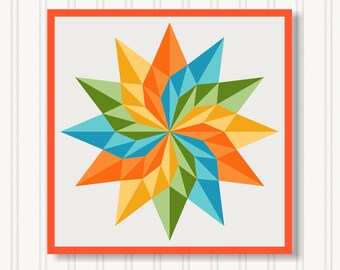 May include: A framed geometric starburst art print. The starburst design features a vibrant array of colors, including orange, yellow, green, and blue. The artwork is set against a light gray background and framed in a bright orange border.