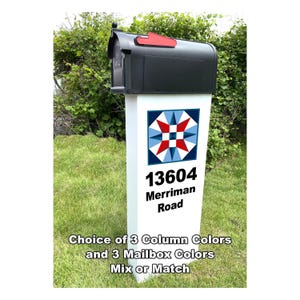 Barn Quilt Mailbox and Post Column, custom personalized address & graphic, 3 baked on aluminum color outside finishes, 2 sided, lasts years