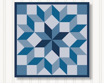 May include: A square, geometric quilt block design featuring a central star pattern. The design uses shades of blue and gray, with a dark blue border. The quilt block is set against a white, vertical-slat background.