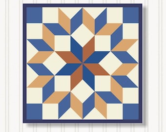 May include: A square, geometric design featuring a starburst pattern in shades of blue, tan, and cream. The design is framed by a dark blue border and set against a white, vertical-paneled background. The starburst is composed of diamond and square shapes.