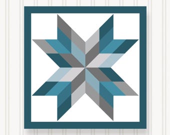 May include: A geometric star design in shades of teal, gray, and white, set within a teal square frame. The star pattern is composed of angled shapes, creating a symmetrical, eight-pointed star. The background is a white, vertical-striped pattern.