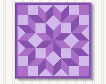 May include: A square quilt block featuring a geometric star design in shades of purple. The design includes squares, diamonds, and star shapes, creating a visually appealing pattern. The quilt block is set against a white background with vertical lines.