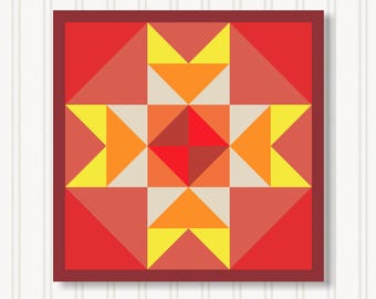 May include: A framed geometric art print featuring a symmetrical design. The artwork showcases a central starburst pattern in shades of red, orange, yellow, and beige, set against a red background. The print is enclosed in a dark red frame.