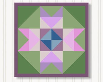 May include: Geometric quilt block design featuring a central blue diamond shape surrounded by pink and lavender star-like shapes. The design is set against a green background with a purple border, creating a symmetrical pattern.