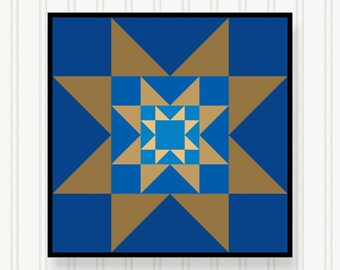 May include: A framed geometric art piece featuring a starburst design. The artwork showcases a symmetrical pattern with shades of blue and gold. The design is set against a white background.