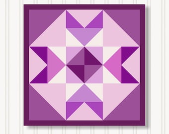 May include: A geometric quilt block design in shades of purple, lavender, and white. The square block features a central diamond shape surrounded by triangles and squares, all within a dark purple border. The design is set against a white background.