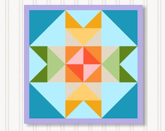 May include: Geometric quilt block design featuring a central starburst pattern. The design incorporates various shapes and colors, including triangles and squares in shades of blue, green, orange, and yellow, set within a lavender frame. The background is white.
