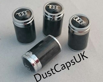 AUDI Carbon Fibre Black Chrome Wheel Tyre Valve Dust Caps Covers Set x4 Metal A1 A3 A4 A5 S3 RS3 RS6 QUATTRO Q2 Q7 Q8 S LINE Sport RS4 A6 Q5