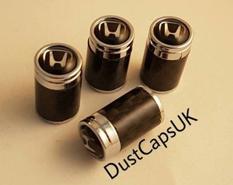 HONDA Carbon Fibre Chrome Wheel Tyre Valve Dust Caps Covers Set x4 Black Metal Civic Accord Type R V Tec Jazz City CRV Insight Stream