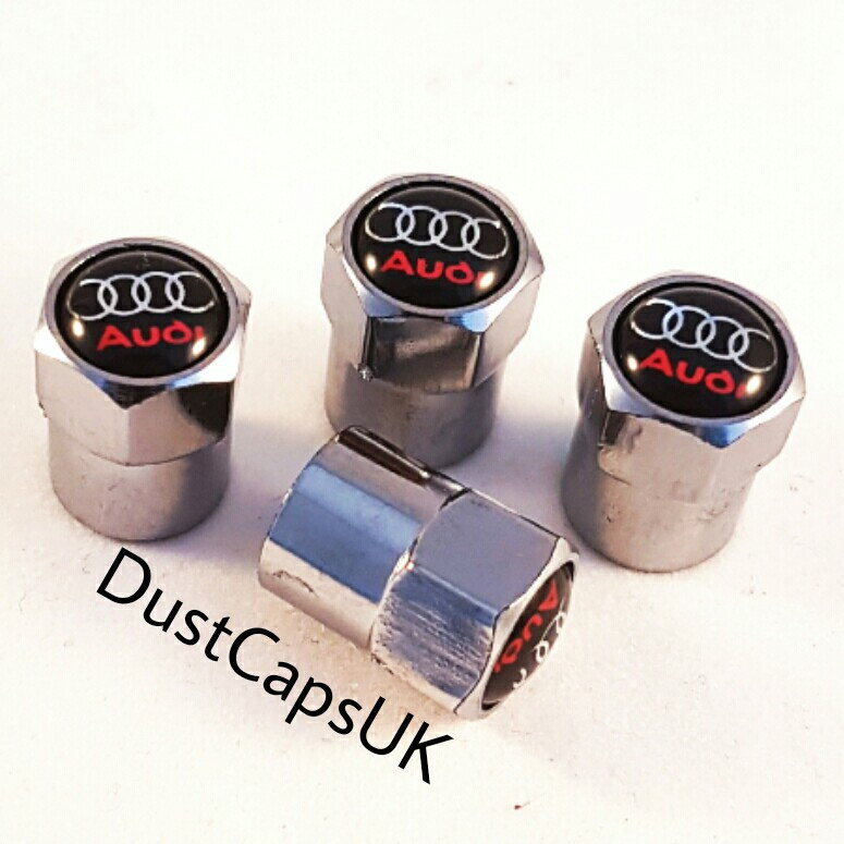 AUDI Chrome Red Wheel Tyre Valve Dust Caps Covers Set X4 Metal A1 A3 A4