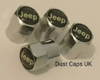 JEEP Chrome Wheel Tyre Valve Dust Caps Covers Set x4 Black Metal Grand Cherokee Compass Renegade Wrangler Willys Commander Patriot