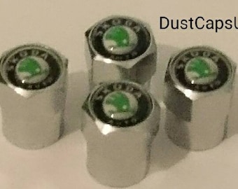 SKODA Chrome Wheel Tyre Valve Dust Caps Covers Set x4 Black Metal Citigo Fabia Octavia vRS Kodiaq Karoq Rapid Superb Roomster Yeti