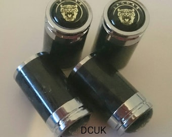 JAGUAR Carbon Fibre Growler Chrome Wheel Tyre Valve Dust Caps Covers Set x4 Black Metal X Type Xf Xe XJR Portfolio F E I Pace Luxury R Sport
