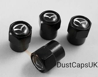 MAZDA Black Wheel Tyre Valve Dust Caps Covers Set x4 Chrome Metal Mazda2 Mazda3 Mazda5 Mazda6 MX5 CX3 CX5 CX7 MazdaSpeed
