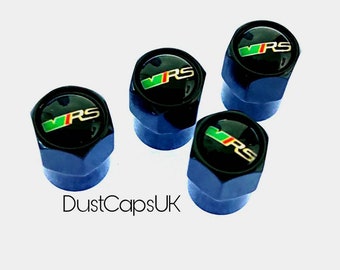 VRS Black Skoda Wheel Tyre Valve Dust Caps Covers Set x4 Chrome Metal Citigo Fabia Octavia Kodiaq Karoq Rapid Superb Roomster Yeti
