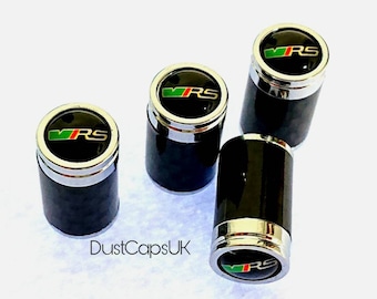 VRS Carbon Fibre Skoda Chrome Wheel Tyre Valve Dust Caps Covers Set x4 Black Metal Citigo Fabia Octavia Kodiaq Karoq Rapid Superb Roomster