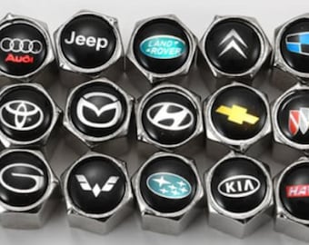 Chrome car logo accessory tyre wheel valve dust caps dome emblem brand luxury metal anti theft silver x4 set to fit all models birthday gift