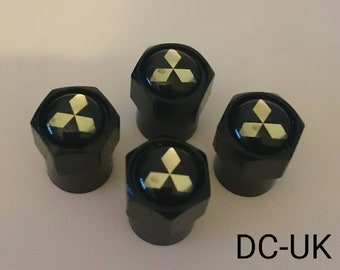 MITSUBISHI Black Wheel Tyre Valve Dust Caps Covers Set x4 Chrome Metal Colt Lancer i Miev L200 Outlander Shogun asx Pajero Grandis Gto Evo