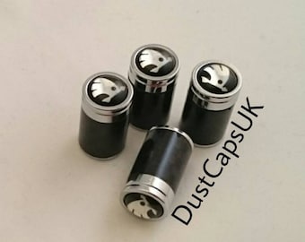 SKODA Carbon Fibre New Style Chrome Wheel Tyre Valve Dust Caps Covers Set x4 Black Metal Citigo Fabia Octavia vRS Kodiaq Karoq Rapid Superb