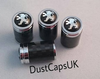 PEUGEOT Carbon Fibre Chrome Wheel Tyre Valve Dust Caps Covers Set x4 Black Metal 108 2008 206 307 3008 107 1007 5008 Ion RCZ Rifter Partner