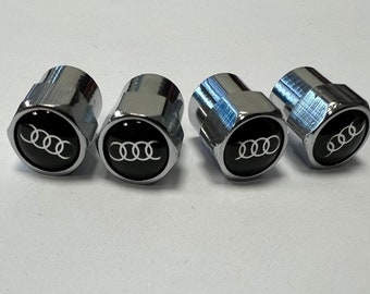 AUDI Chrome Black Wheel Tyre Valve Dust Caps Covers Set x4 Metal A1 A3 A4 A5 S3 RS3 RS6 QUATTRO Q2 Q7 Q8 S LINE Sport RS4 A6 Q5