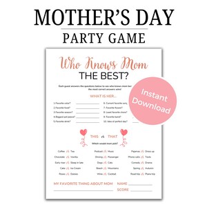 Mother&#39;s Day Party Game, Mother&#39;s Day Brunch, Mother&#39;s Day Dinner Party, Mother&#39;s Day Activity, Mothers Day game for family, minimalist game