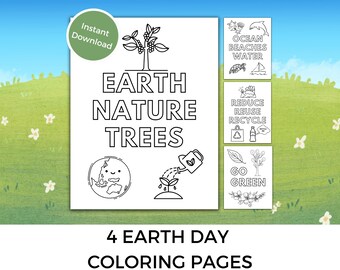 May include: Four black and white colouring pages with an Earth Day theme. The pages feature illustrations of a tree, a globe, a watering can, a boat, a beach, a recycling bin, and a plant.