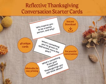 Reflective Thanksgiving Conversation Starter Card Set, inspirieren zum Nachdenken und Dankbarkeit, druckbares Thanksgiving-Spiel, minimalistisches Design