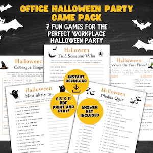 May include: A Halloween-themed game pack for an office party. The pack includes seven fun games, such as a colleague bingo, a 'find someone who' game, and a phobia quiz. The pack is an instant download and includes an answer key.