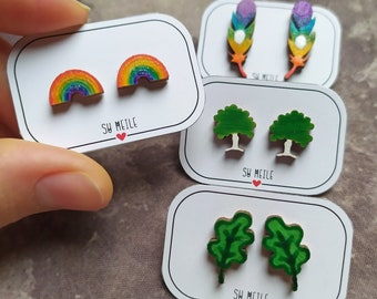 Wooden earrings Rainbows, feathers, oak leaves or trees