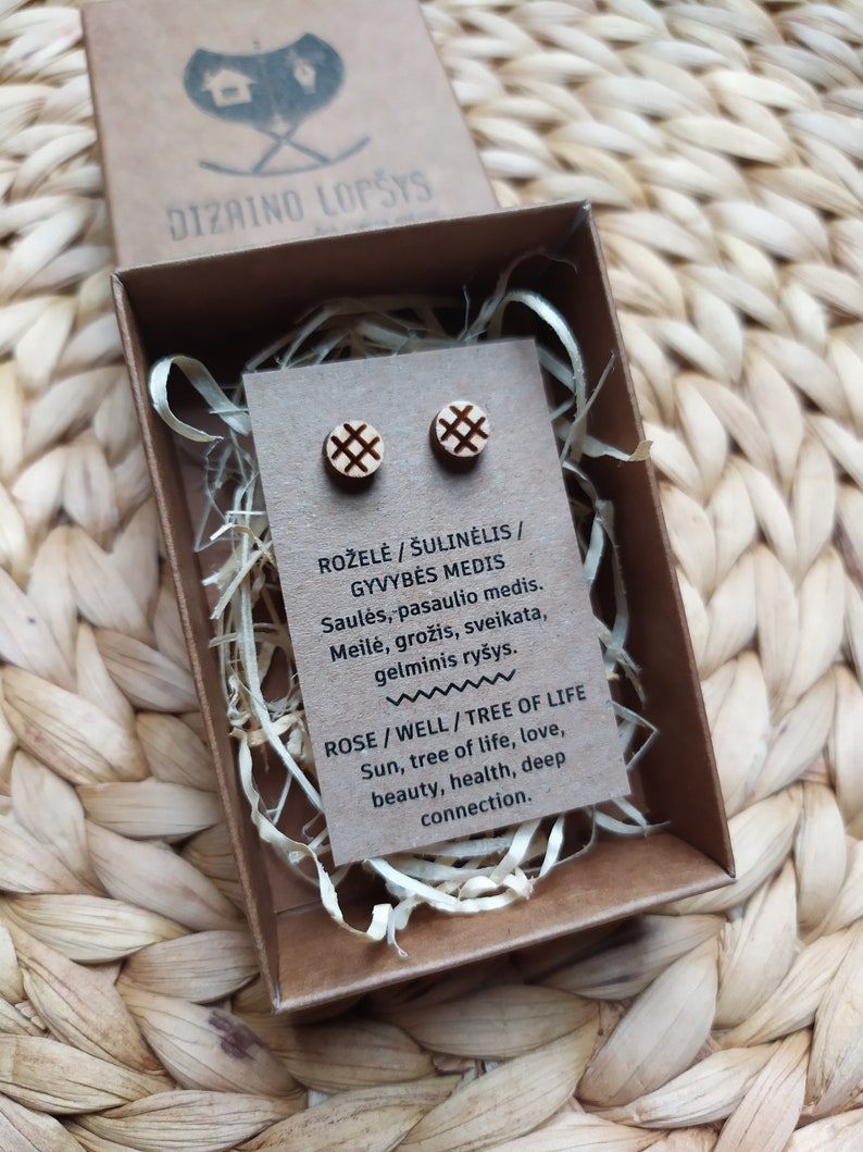 Wooden earrings with Baltic symbols Rose/Well/TreeOfLife