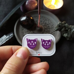 cat earrings wood jewelry / witch black goth jewelry / black cat wooden earstuds Purple