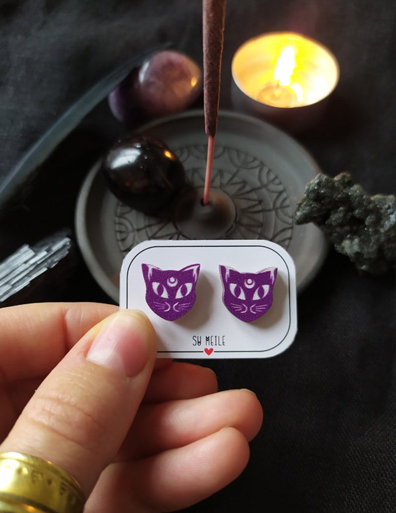 cat earrings wood jewelry / witch black goth jewelry / black cat wooden earstuds Purple