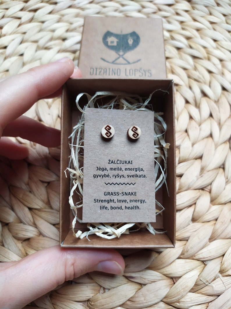 Wooden earrings with Baltic symbols Grass/Snake