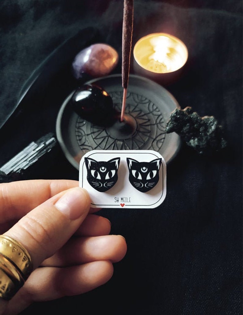 cat earrings wood jewelry / witch black goth jewelry / black cat wooden earstuds Black