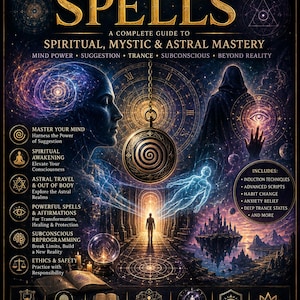 May include: A digital PDF book cover titled HYPNOTISM SPELLS: A COMPLETE GUIDE TO SPIRITUAL, MYSTIC & ASTRAL MASTERY. The dark, cosmic-themed artwork features a central gold pocket watch, a silhouette of a person, and various mystical symbols.