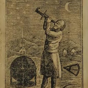May include: An antique illustration from the "Book of Knowledge" depicts a person using a telescope to observe the night sky. The image includes a globe, a crescent moon, and text that reads, "I through my glass the planets spy, See them revolve the starry sky."
