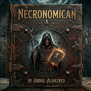 May include: A weathered brown book titled NECRONOMICAN BY ABDUL ALHAZRED with metal corner accents and a chain binding. The cover features an embossed illustration of a hooded figure holding a glowing book with a tentacled creature emblem.