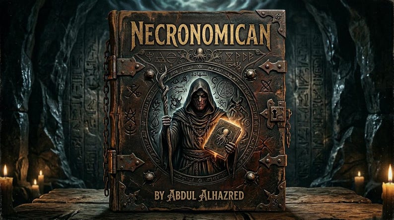 May include: A weathered brown book titled NECRONOMICAN BY ABDUL ALHAZRED with metal corner accents and a chain binding. The cover features an embossed illustration of a hooded figure holding a glowing book with a tentacled creature emblem.