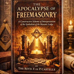 Könnte beinhalten: Ein Buch mit dem Titel "The Apocalypse of Freemasonry" mit vergoldeten Buchstaben und einer detaillierten Illustration von Freimaurersymbolen. Das Cover zeigt ein zentrales Auge, Säulen und einen Schachbretthintergrund, mit einem Schädel und Artefakten.