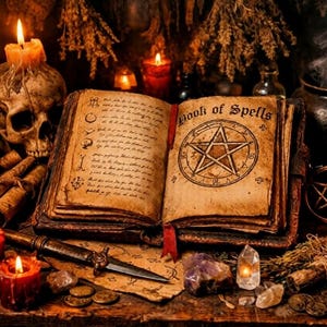 Op de afbeelding: Een open boek met de titel "Book of Spells" met een pentagram illustratie, omringd door kaarsen, een schedel, een kristallen bol en andere mystieke items. De scène wordt verlicht door kaarslicht, wat een mysterieuze sfeer creëert.