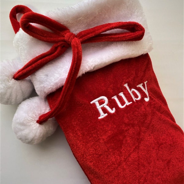 Personalised Embroidered Stocking | Christmas Sock | Luxury Stocking | Large Christmas Stocking | Traditional | Pom Pom Stocking