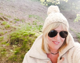 Chunky Knit Pompom Beanie Hat - This Cream Knitted Women's Bobble Hat Is Perfect For Wild Swimming,  Festivals and Cosy, Cool Evenings